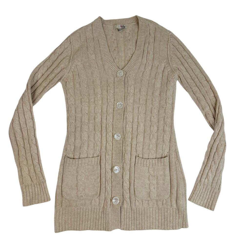 Vintage Joie Cotton Cashmere Sm Cable Knit Long Cardigan Sweater Beige Hong Kong